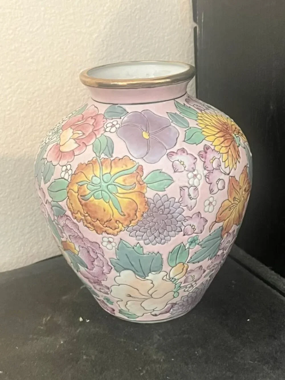 Vintage Chinoiserie  Pink Chinoiserie Porcelain Vase with Embossed Floral Design